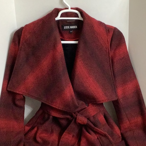 Steve Madden Red and Black Wool Blend Wrap Coat - Picture 6 of 14